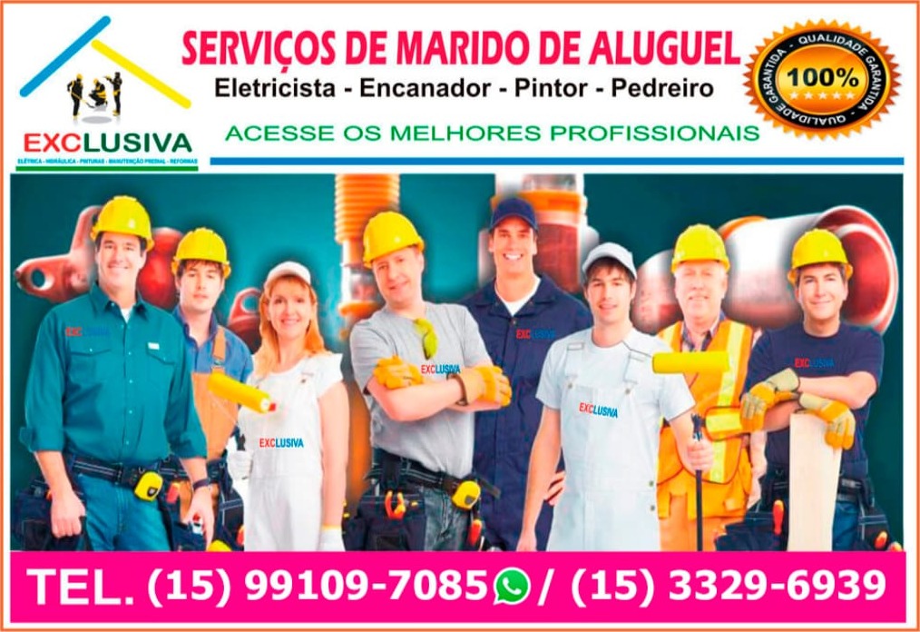 arte promocional da Exclusiva com grupo de profissionais de capacete e telefones no rodapé